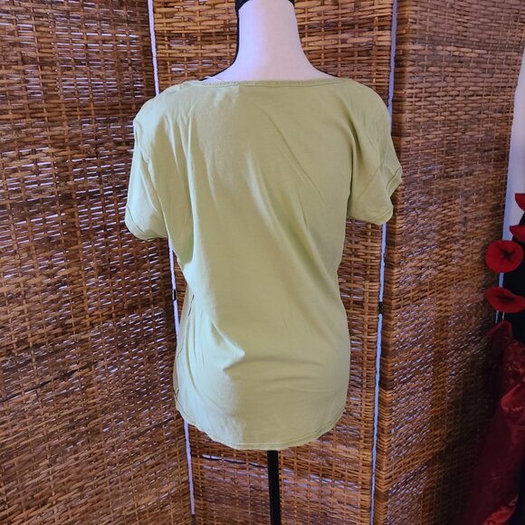 NWT True Grit Green Blouse Rhinestone Buttons Cap Sleeve Black SZ Large - Picture 4 of 4